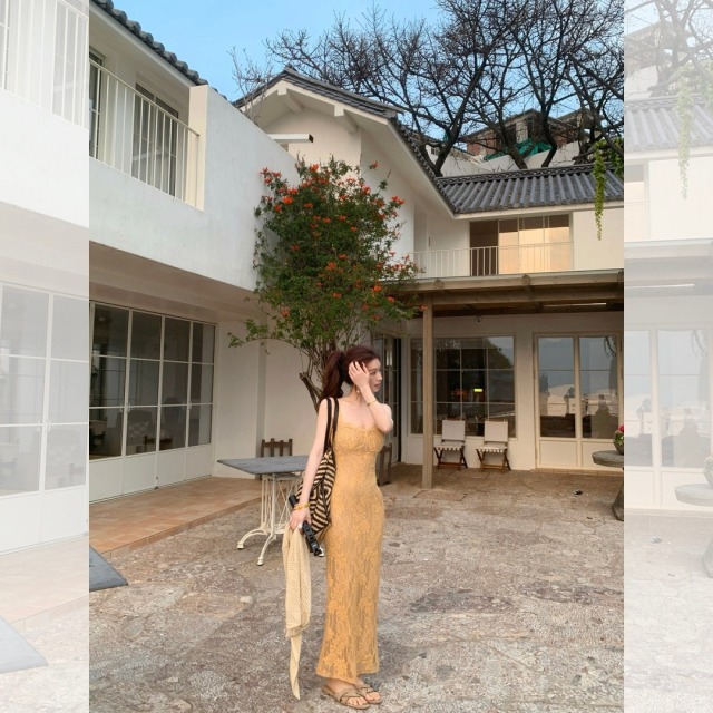 13762250.诗茉琳法式方领蕾丝吊带修身长款连衣裙女夏季性感温柔裙子