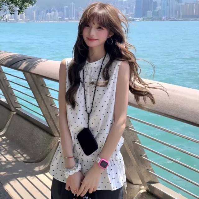 13762315.诗茉琳韩系波点圆领小花边无袖上衣女春夏季新款设计感显瘦百搭宽松