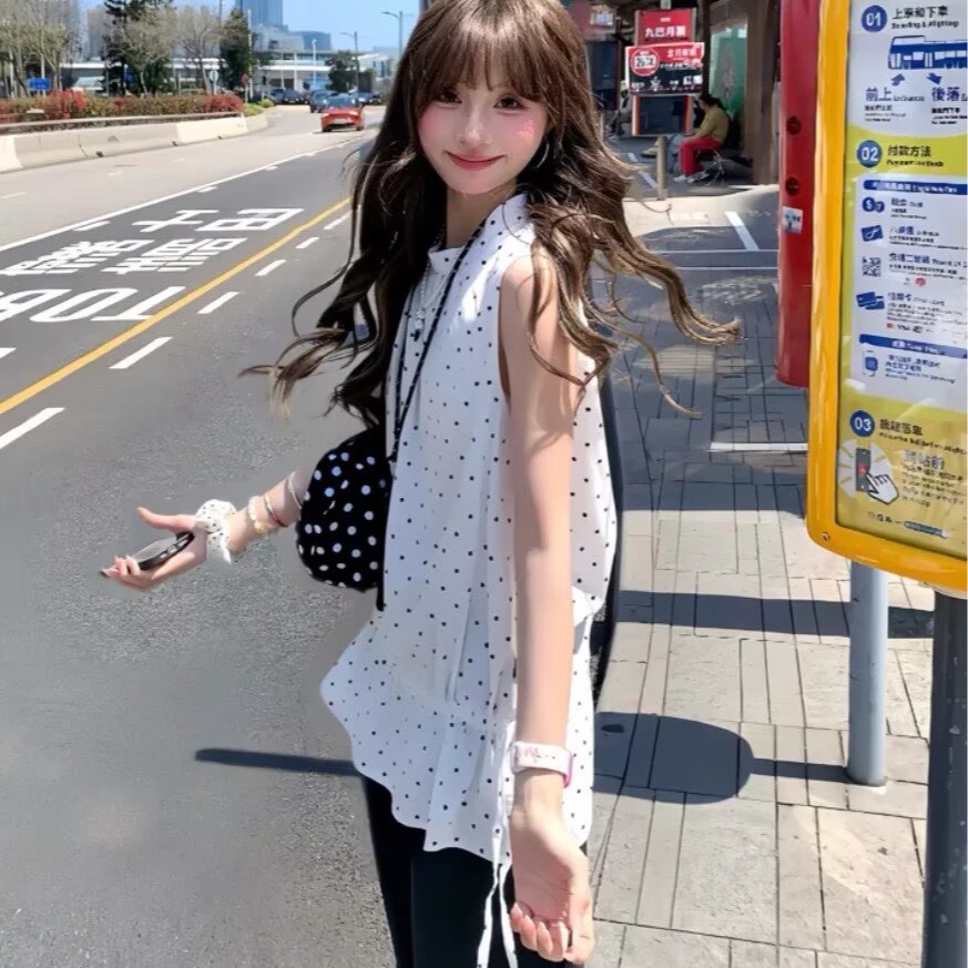 13762315.诗茉琳韩系波点圆领小花边无袖上衣女春夏季新款设计感显瘦百搭宽松