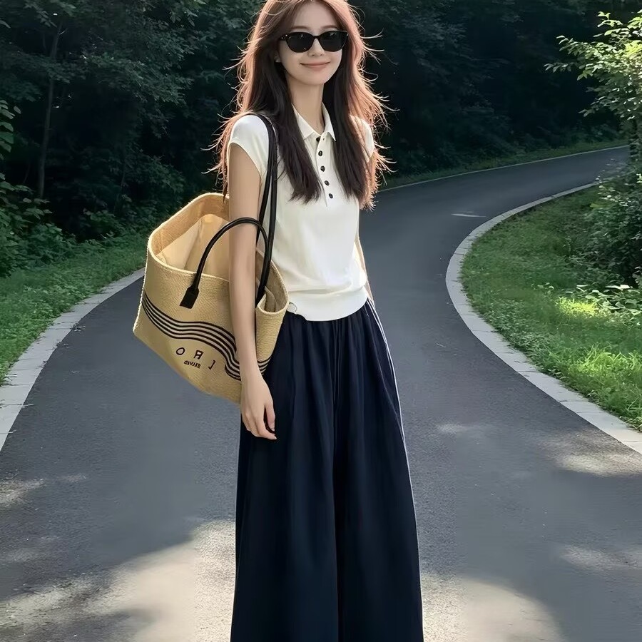 13762334.诗茉琳韩系巨好看穿搭一整套2026新款白色polo短袖t恤女夏季阔腿裤套装