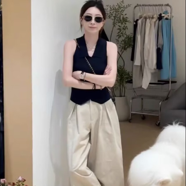 13762336.诗茉琳巨好看的夏装一整套韩系时尚休闲减龄无袖针织背心上衣阔腿裤套装