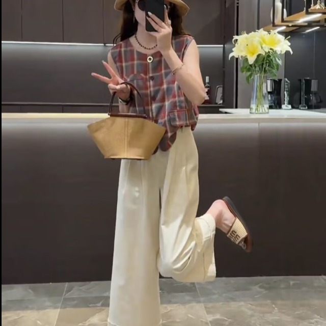 13762338.诗茉琳夏装搭配一整套彩色格子坎肩衬衫阔腿裤两件套小个子显高时尚套装