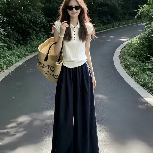 13762334.诗茉琳韩系巨好看穿搭一整套2026新款白色polo短袖t恤女夏季阔腿裤套装