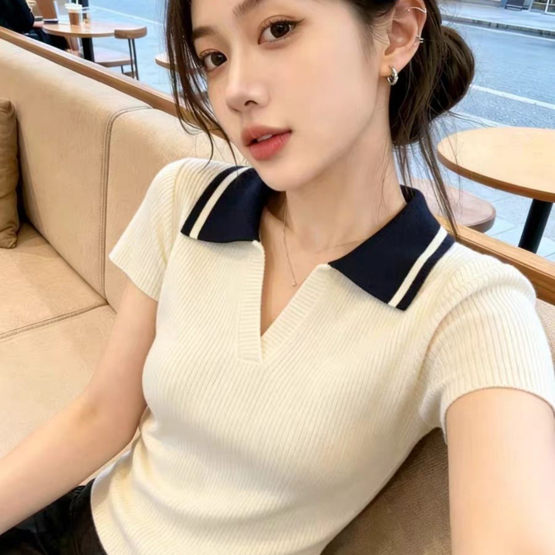 13762364.诗茉琳韩系冰丝polo衫t恤女夏季薄款小个子麻花针织短袖短款翻领上衣