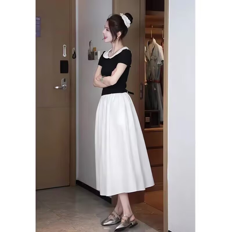 13762333.诗茉琳韩系chic别致两件套气质减龄娃娃领短袖T恤女遮胯高腰半身裙套装