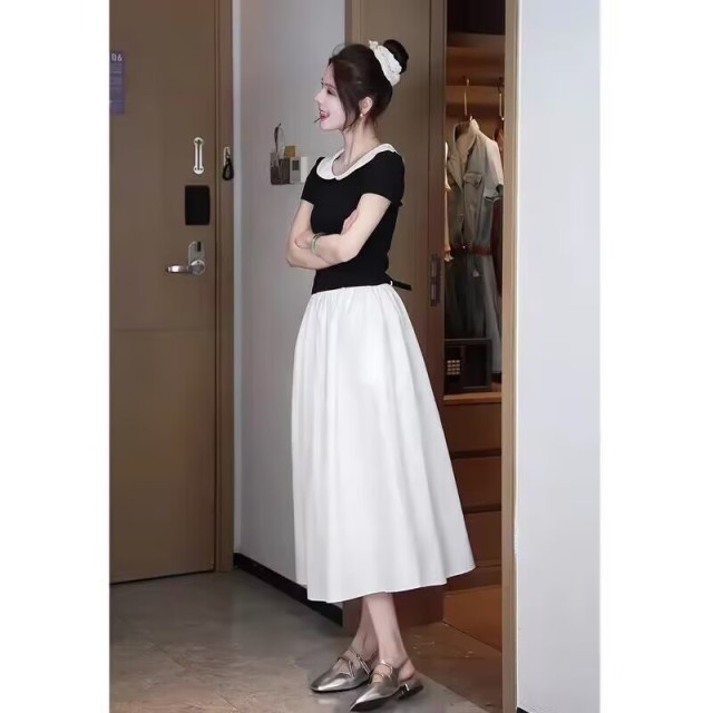 13762333.诗茉琳韩系chic别致两件套气质减龄娃娃领短袖T恤女遮胯高腰半身裙套装