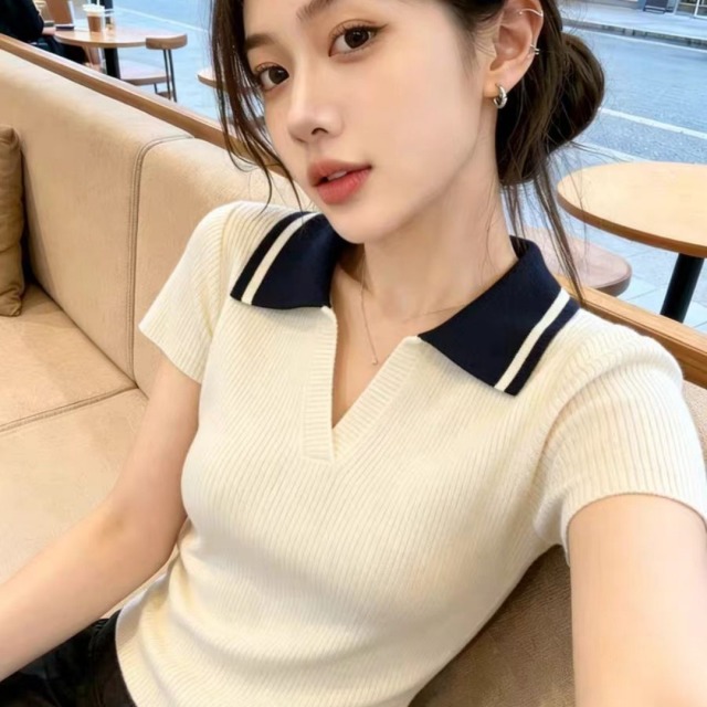 13762364.诗茉琳韩系冰丝polo衫t恤女夏季薄款小个子麻花针织短袖短款翻领上衣