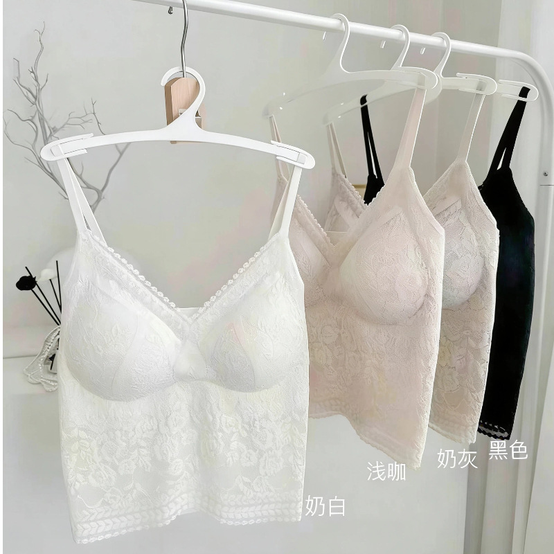 13622295.【法厘哒】美背蕾丝V领吊带背心带胸垫固定罩杯外穿内搭无痕吊带打底背心女