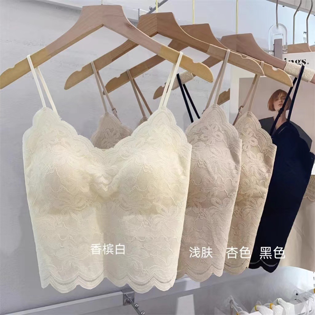 13622788.【法厘哒】法式优雅蕾丝美背内衣无痕V领带胸垫可外穿吊带背心女内搭打底衣