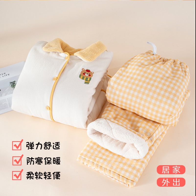 13683675.磨毛夹棉睡衣女款秋冬季简约刺绣小棉袄女士家居服可外穿睡衣套装