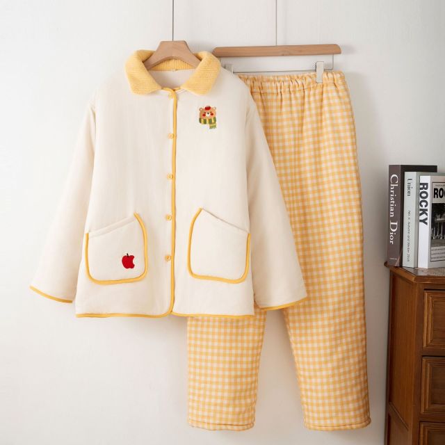 13683675.磨毛夹棉睡衣女款秋冬季简约刺绣小棉袄女士家居服可外穿睡衣套装