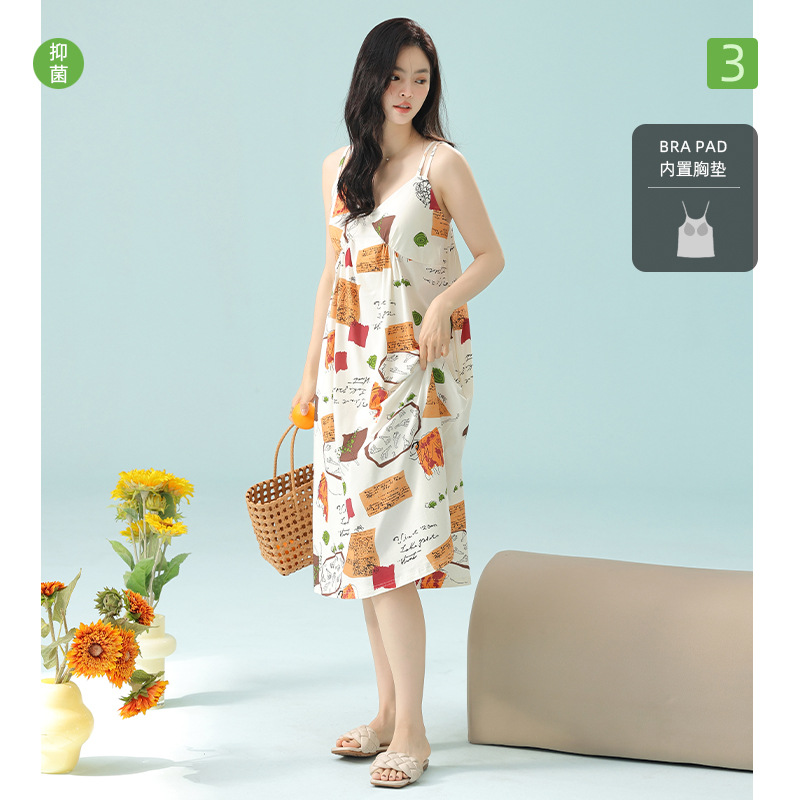 13687390.【抗菌新疆棉】带胸垫夏季女士纯棉吊带无袖睡裙休闲款家居服