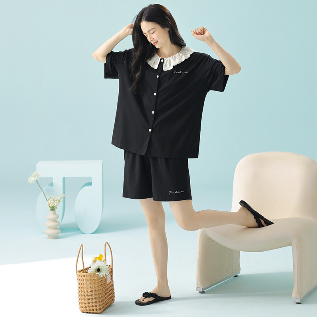 13690049.【抗菌新疆棉】拉架棉春夏季睡衣女纯棉短袖纯色款家居服套装