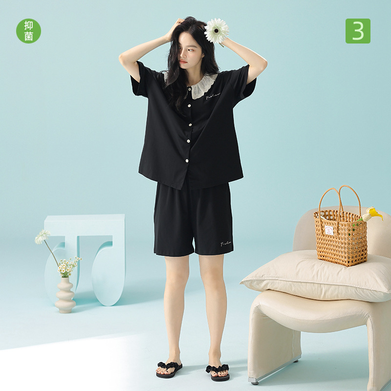 13690049.【抗菌新疆棉】拉架棉春夏季睡衣女纯棉短袖纯色款家居服套装