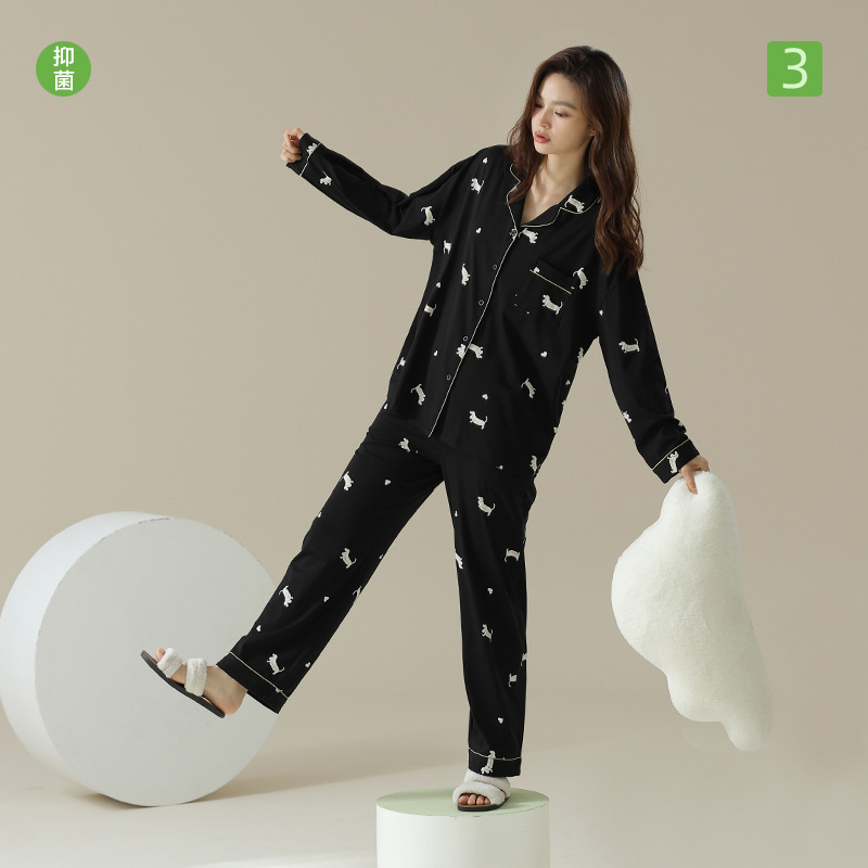 13687281.【抗菌新疆棉】秋季新款睡衣女长袖纯棉黑色睡衣拉架棉家居服