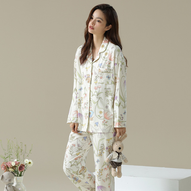 13687150.缤纷花园春秋季睡衣女长袖纯棉拉架棉家居服套装