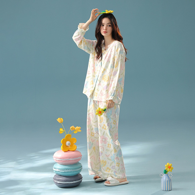13690071.【抗菌新疆棉】秋季纯棉睡衣蕾丝边花卉长袖女士家居服套装