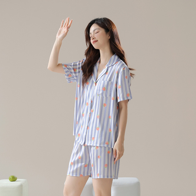 13690056.【冰雪丝】温柔紫夏季冰丝女士睡衣短袖薄款凉感条纹女家居服套装