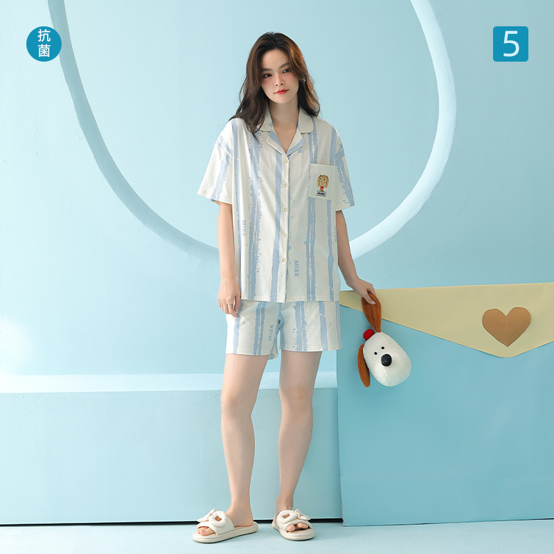 13687505.【抗菌新疆棉】韩系简约条纹家居服慵懒风夏季短袖女纯棉睡衣