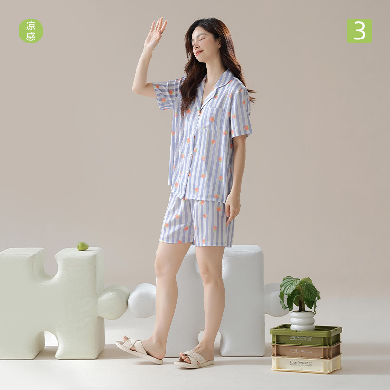 13690056.【冰雪丝】温柔紫夏季冰丝女士睡衣短袖薄款凉感条纹女家居服套装