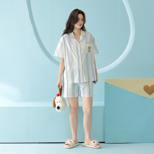 13687505.【抗菌新疆棉】韩系简约条纹家居服慵懒风夏季短袖女纯棉睡衣