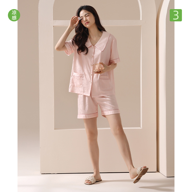 13690061.【冰雪丝】春夏季冰丝睡衣女士薄款凉感短袖仿真丝休闲家居服套装