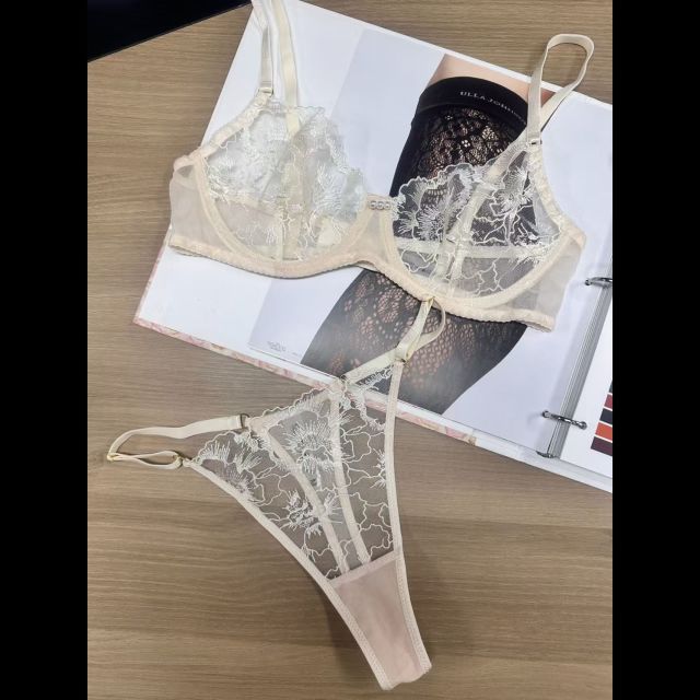 13691213.性感情趣内衣女法式超薄刺绣蕾丝文胸大胸显小防下垂内衣套装