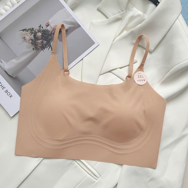 13697639.冰丝无痕美背大胸显小隐形粉底液内衣女超薄猫爪杯夏季吊带胸罩