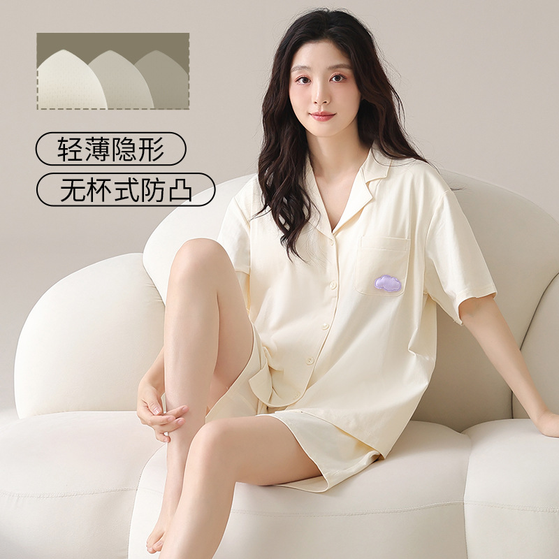 13702033.新款爽棉睡衣女夏季短袖短裤带胸垫翻领开衫甜美可爱可外穿家居服