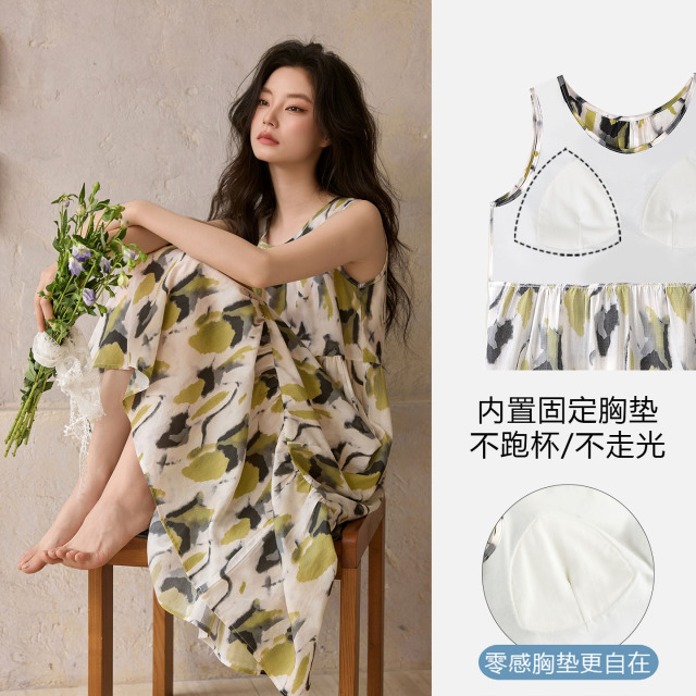 13702250.休闲慵懒度假风无袖背心带胸垫睡裙女夏季新款带胸垫莱赛尔家居裙