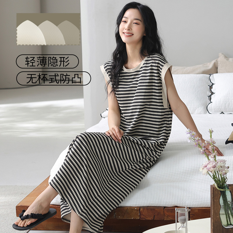 13702980.新款纯棉拉架带胸垫睡裙女夏季薄款无袖高级感条纹女士长裙可外穿