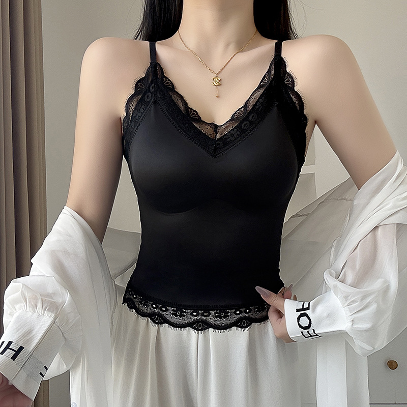 13703838.轻奢蕾丝V领吊带美背内衣免穿文胸透气舒适中长款背心女外穿