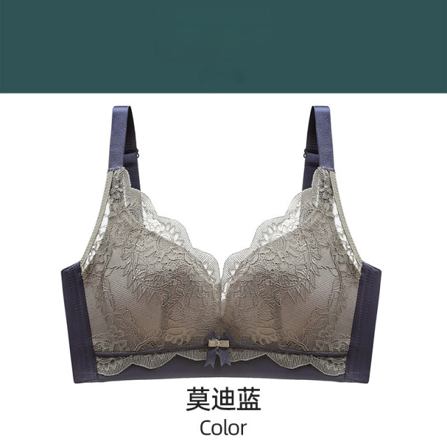 13704124.蕾丝撞色乳胶文胸女无钢圈小胸聚拢内衣收副乳上托调整型套装