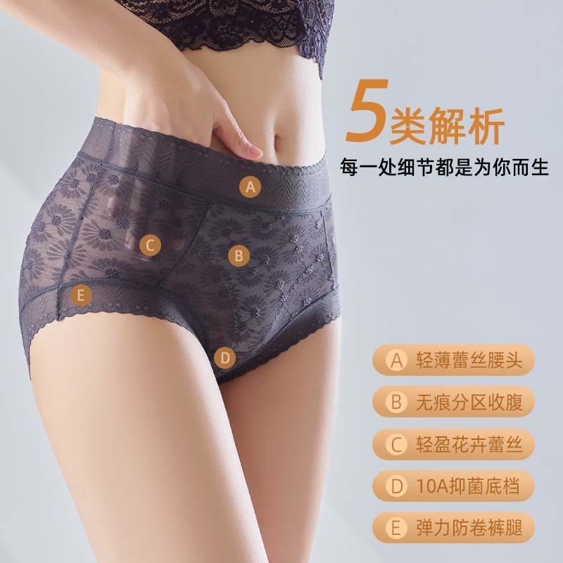 13704508.清新小雏菊蕾丝高腰轻收腹女内裤10A抗菌包臀透气三角裤薄