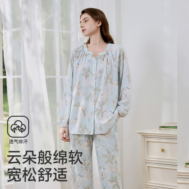 13676414.婧麒月子服夏季云感简约孕妇睡衣产后纯棉哺乳待产家居服棉纱套装春夏
