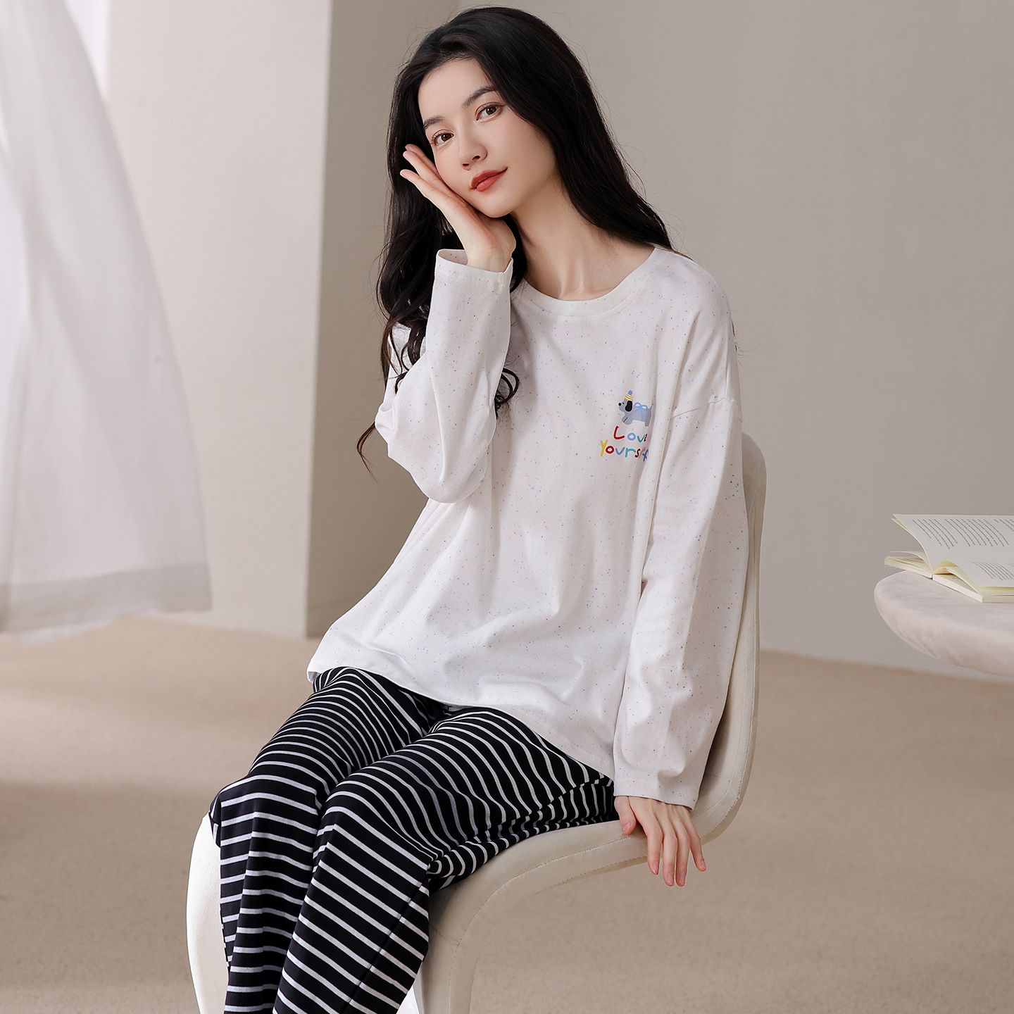 13799103.派邦奴【舒适100%棉】春秋简约卡通印花居家外穿家居服套装