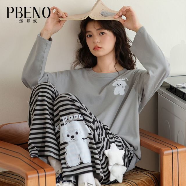 13799272.派邦奴【舒适100%棉】春秋长袖女休闲可外穿灰调家居服套装