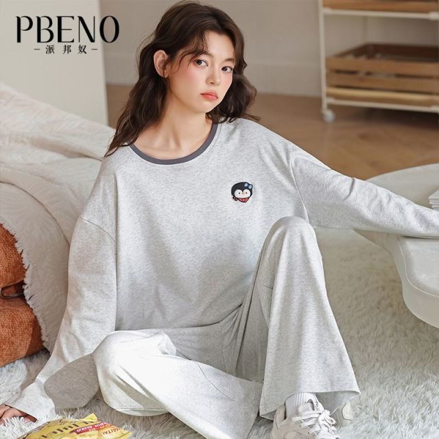 13798908.派邦奴【舒适100%棉】春秋简约慵懒风圆领家居服女套装