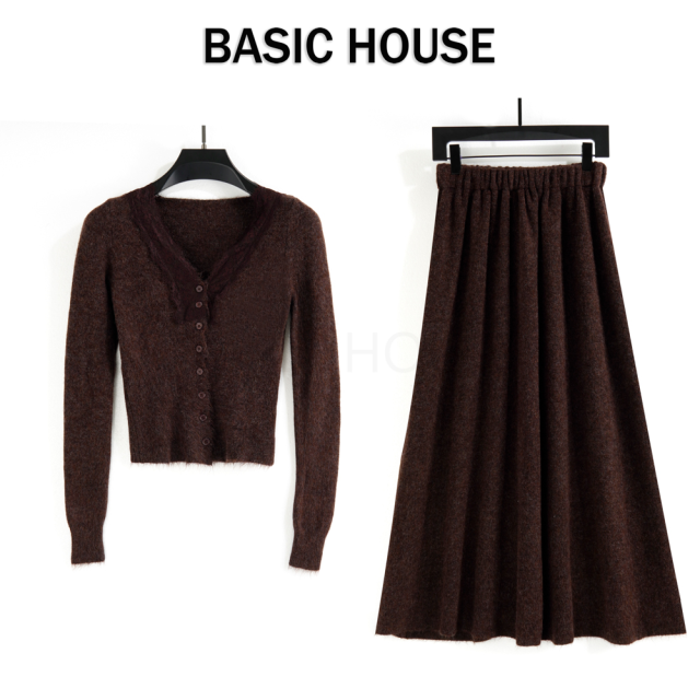 13833947.Basic House/百家好新款蕾丝氛围感针织长袖显瘦气质高级感套装
