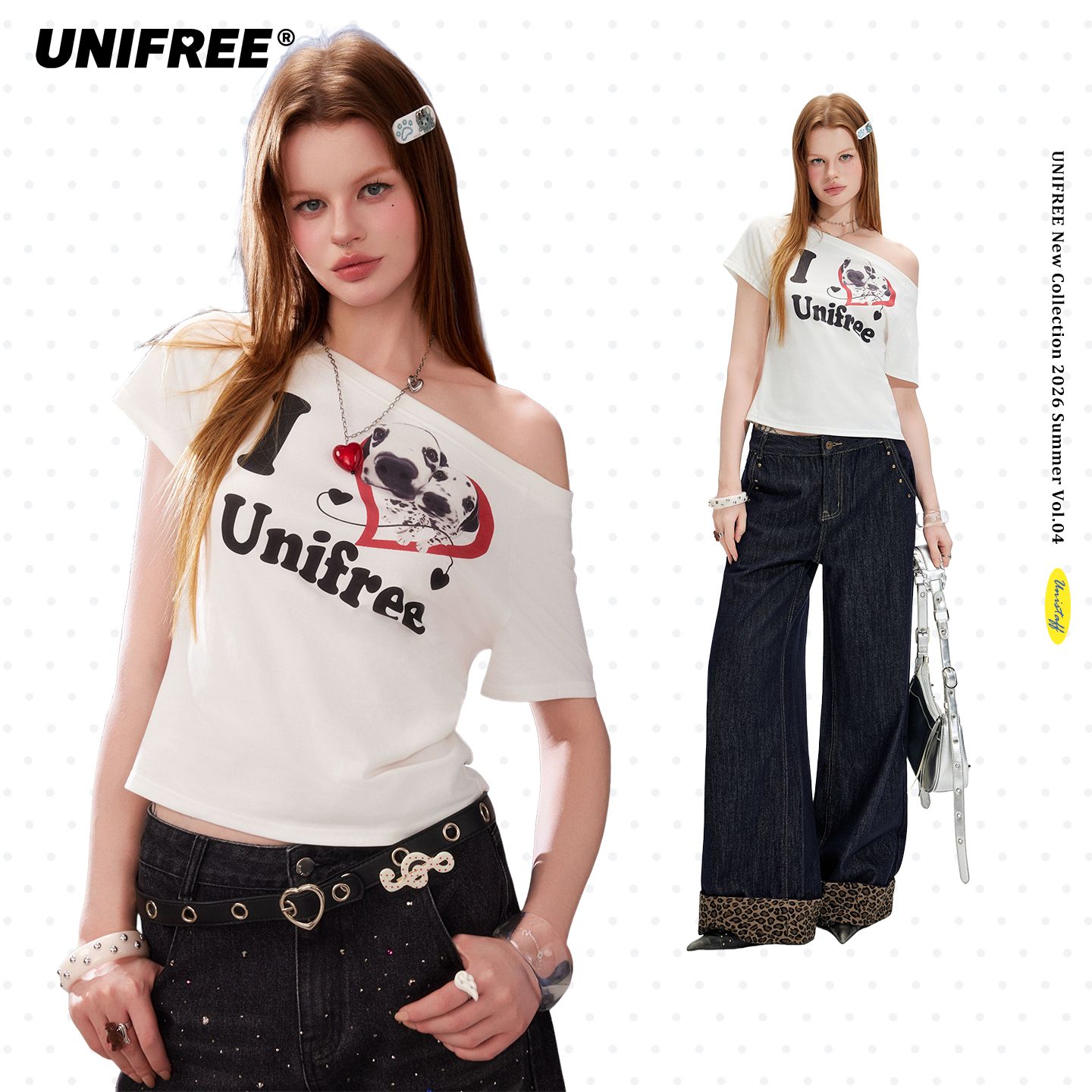 13627772.UNIFREE白色小狗印花斜肩短袖T恤夏季宽松美式露肩流行漂亮小上衣