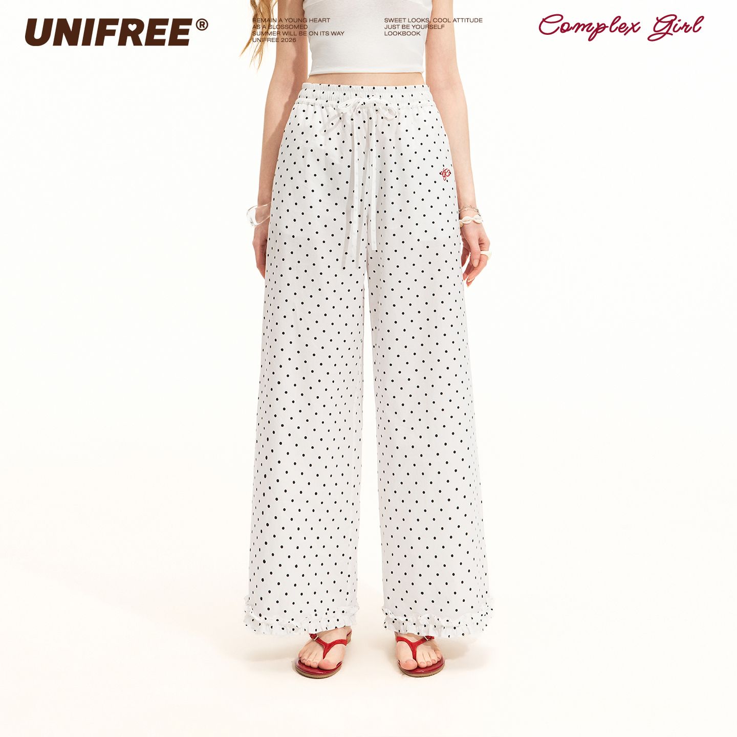 13628281.UNIFREE白色夏季波点休闲裤新款宽松直筒花边梭织垂感拖地长裤子