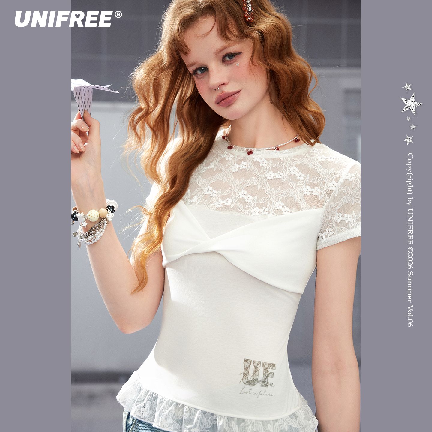 13626763.UNIFREE白色蕾丝拼接短袖T恤女夏季纽结荷叶边假两件设计气质上衣