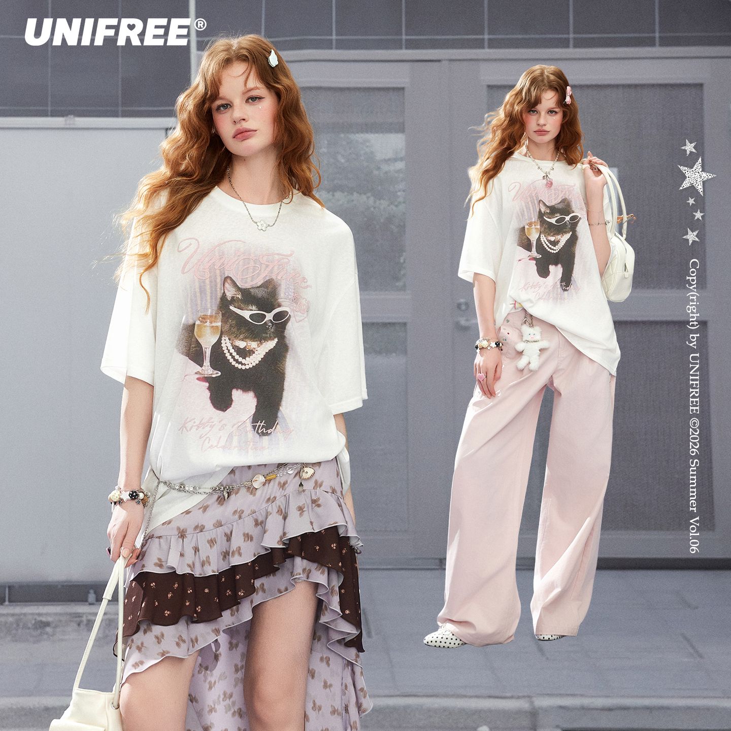 13629735.UNIFREE白色宽松短袖T恤夏季新款小猫印花撞色休闲学院风百搭上衣