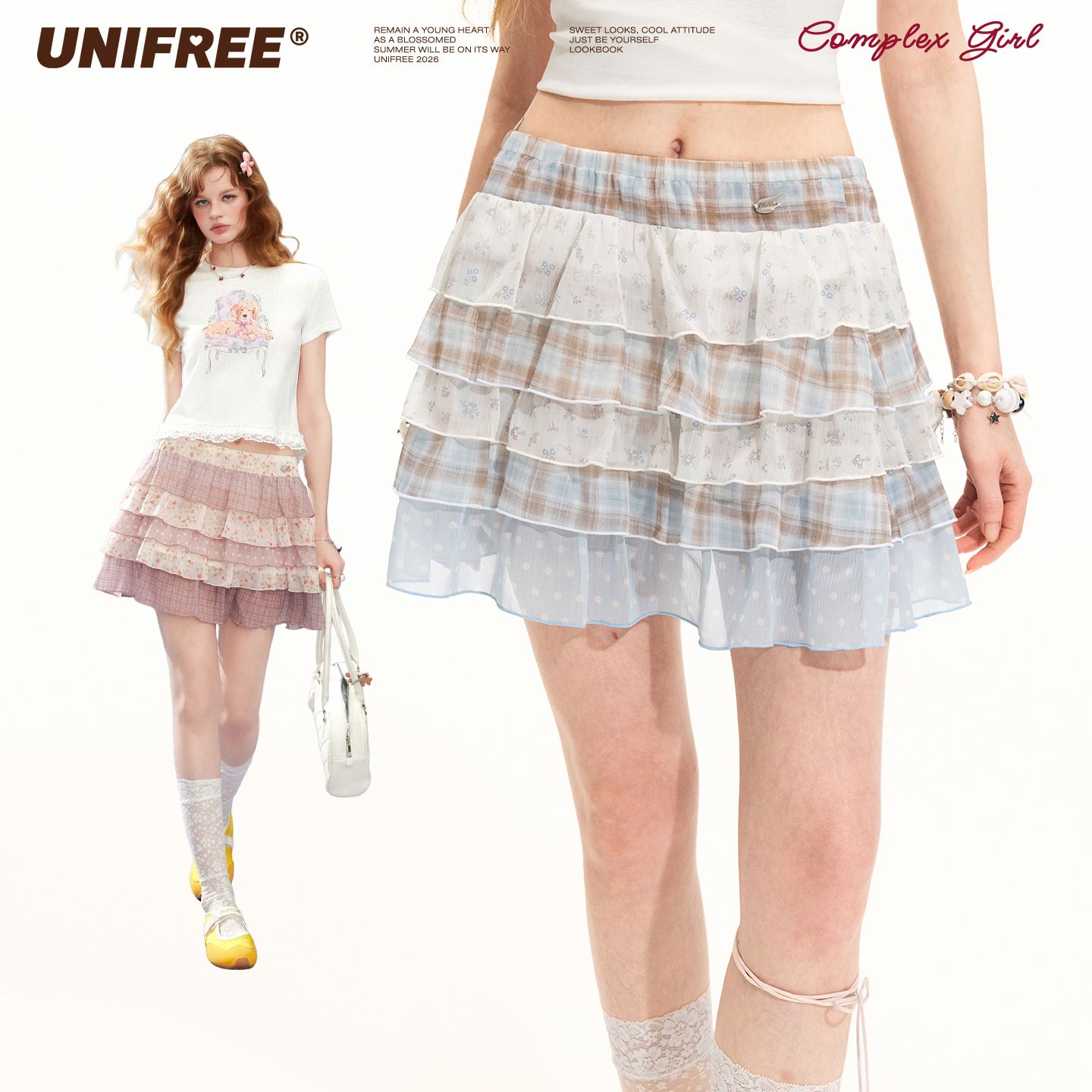 13629627.UNIFREE小碎花格纹拼接雪纺半身裙夏季新款宽松A字多层蛋糕裙短裙