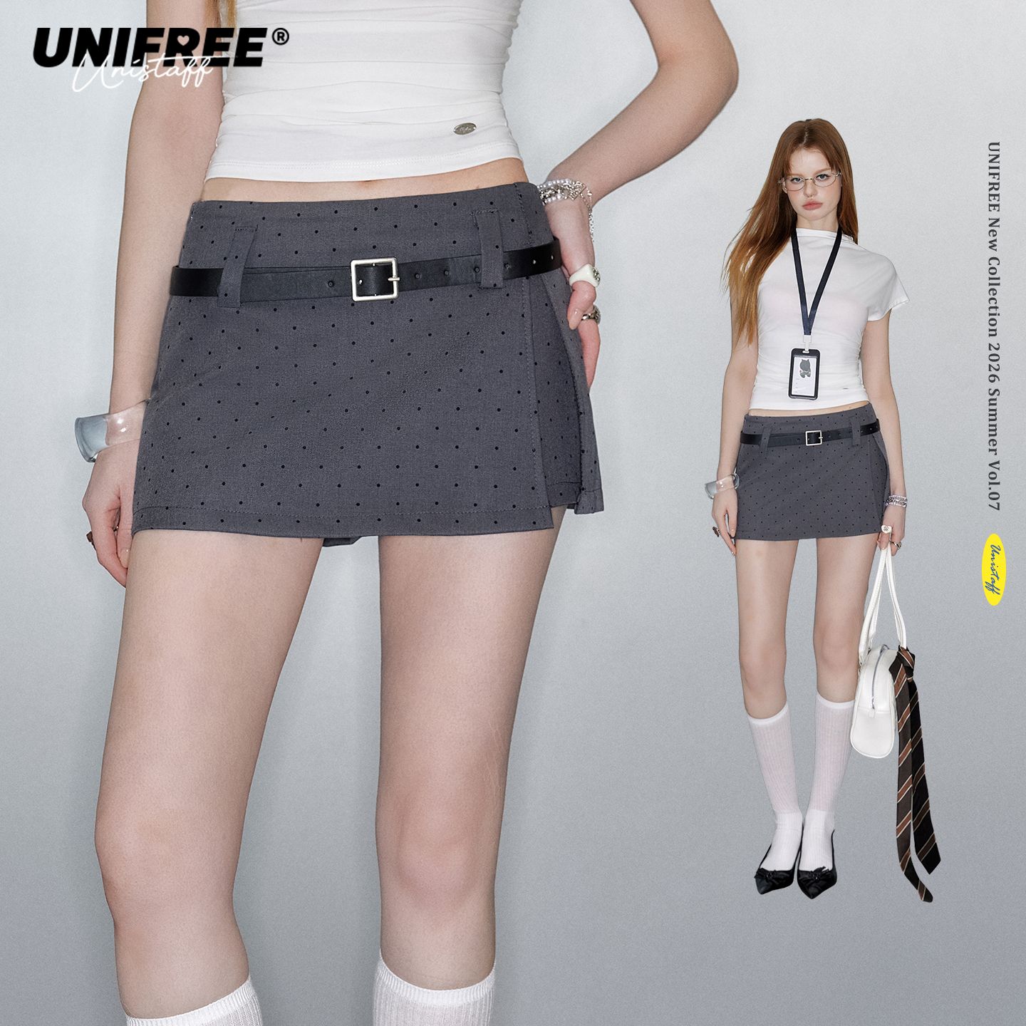 13630880.UNIFREE灰色波点西装半身裙女假两件设计夏季不规则显瘦包臀短裙