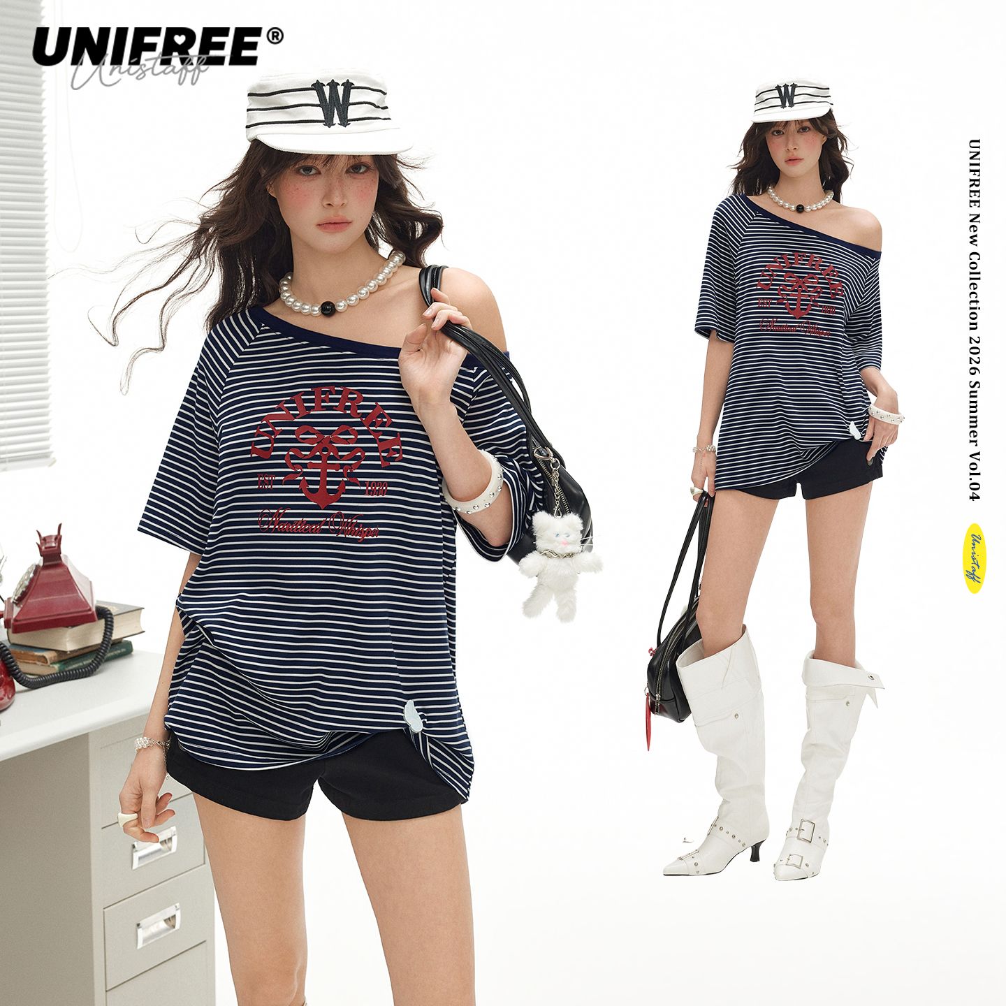 13629280.UNIFREE藏蓝色条纹斜肩短袖T恤字母印花撞色宽松显瘦夏季百搭上衣