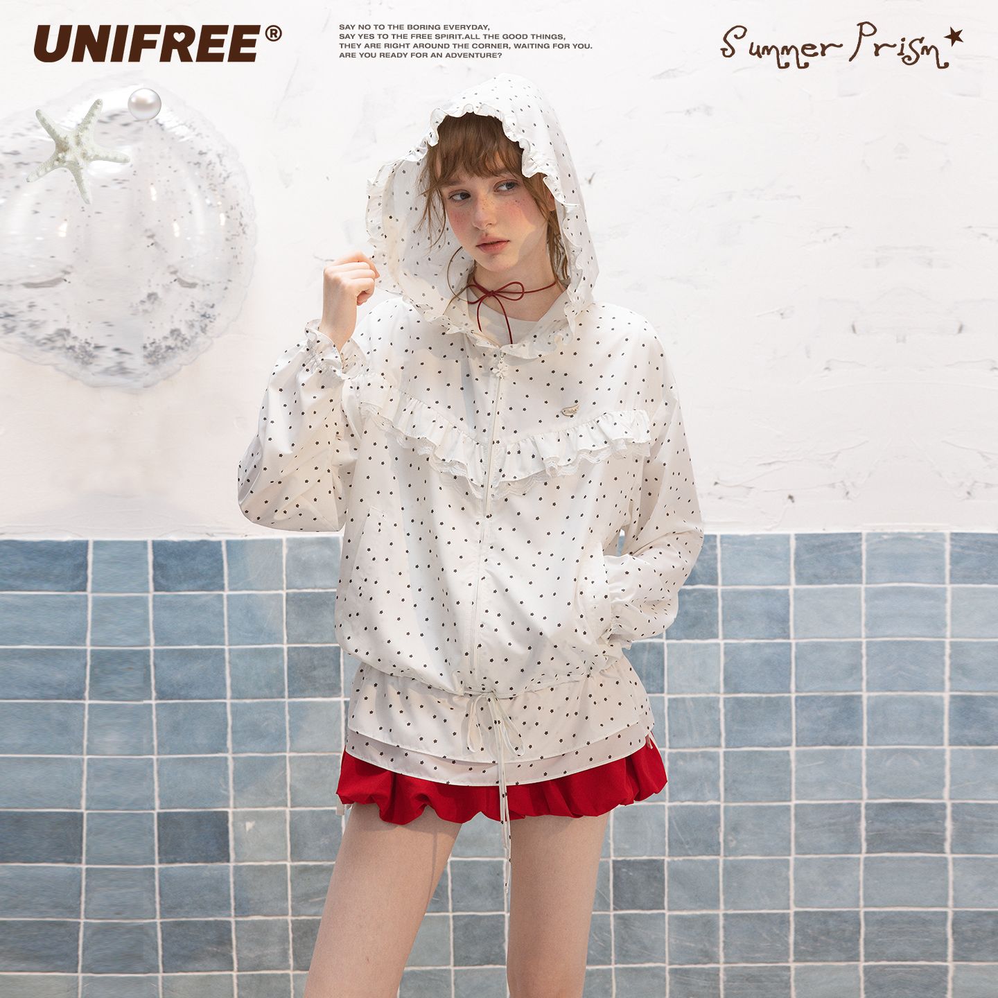 13675187.UNIFREE白色波点时尚防晒外套女夏季新款荷叶边气质减龄宽松上衣U262B413G1G1