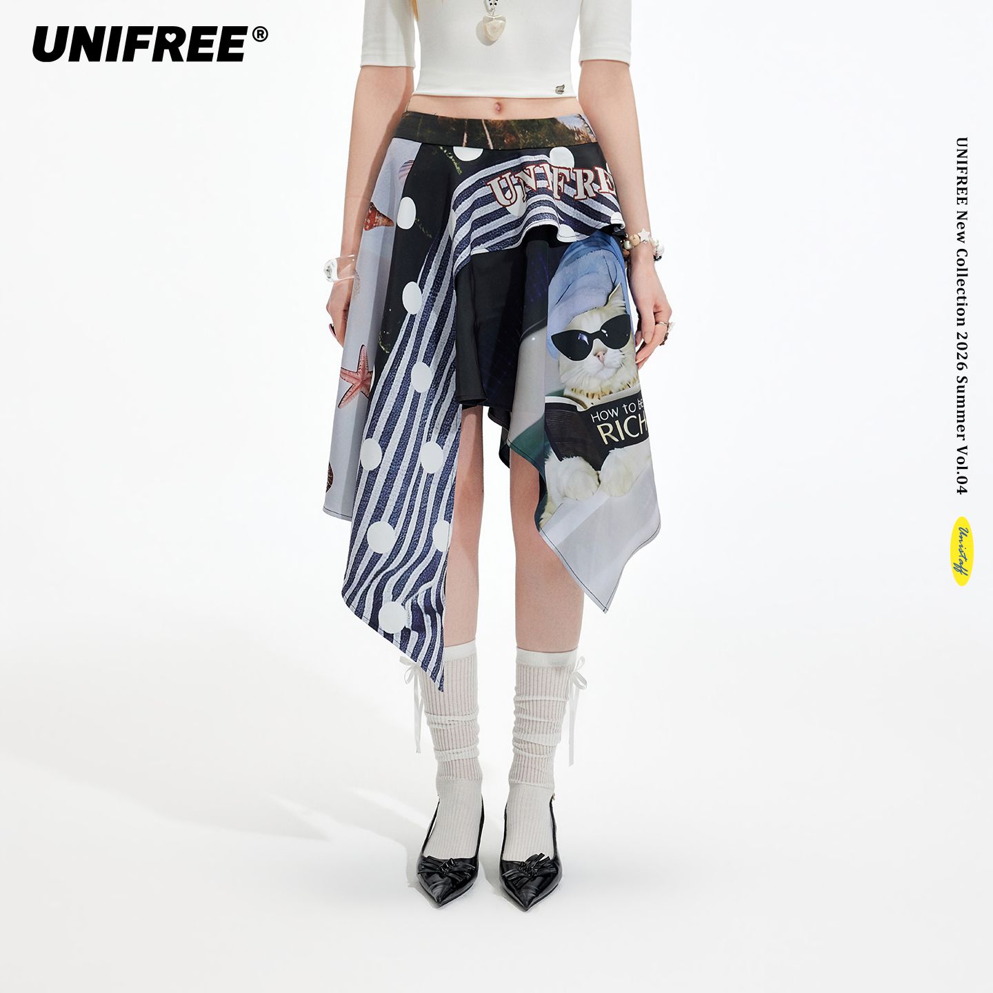 13675411.UNIFREE波点条纹拼接半身裙女不规则设计夏季好看长款宽松短裙子U262Q419G1W1