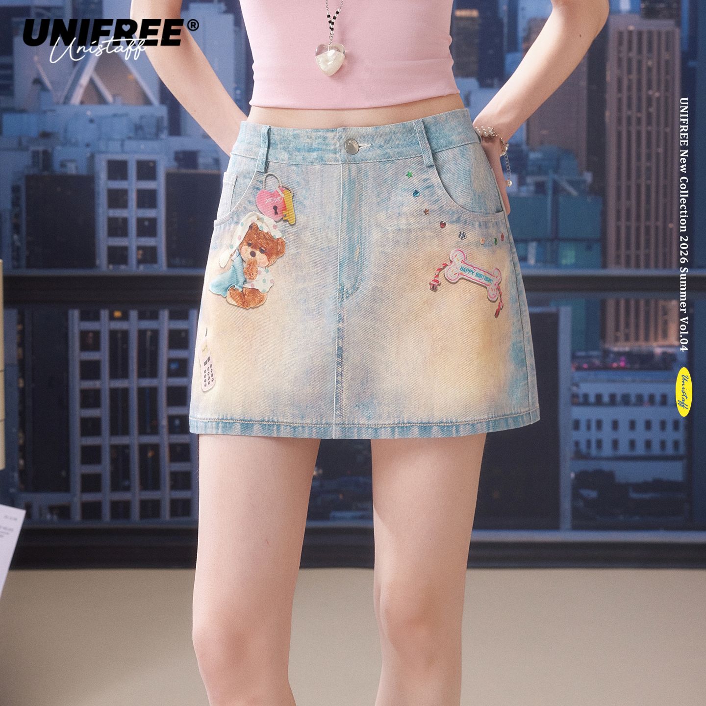 13675429.UNIFREE浅蓝色动物印花牛仔半身裙女做旧宽松A字版包臀显瘦短裙子U262Q017C1W1