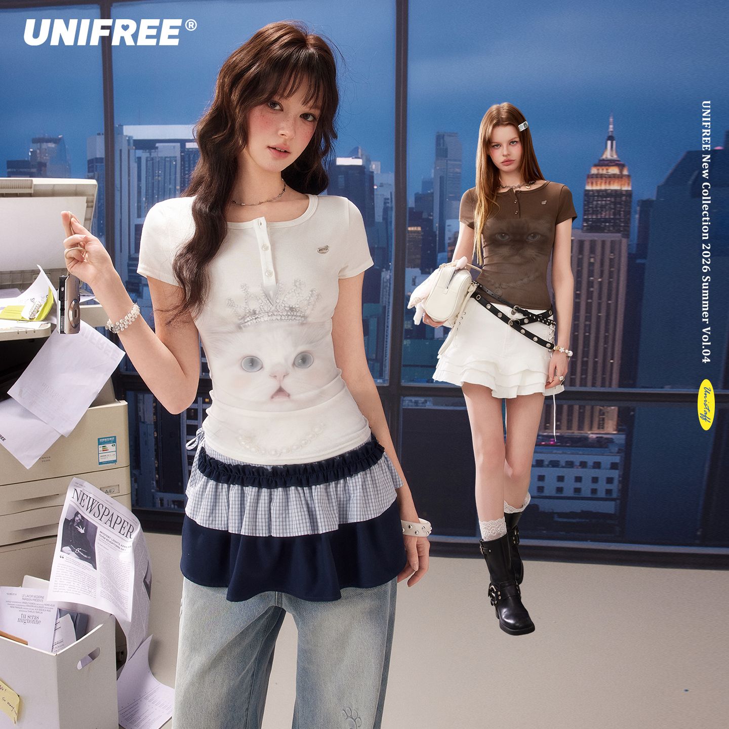 13675060.UNIFREE亨利领小猫印花短袖T恤女夏季圆领修身通勤百搭洋气小上衣U262G521G1G1